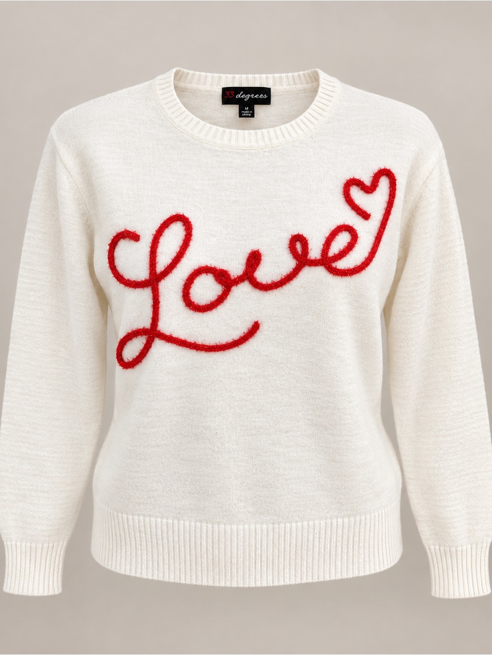 32 Degrees Cream Sweater with Red 'Love' Script